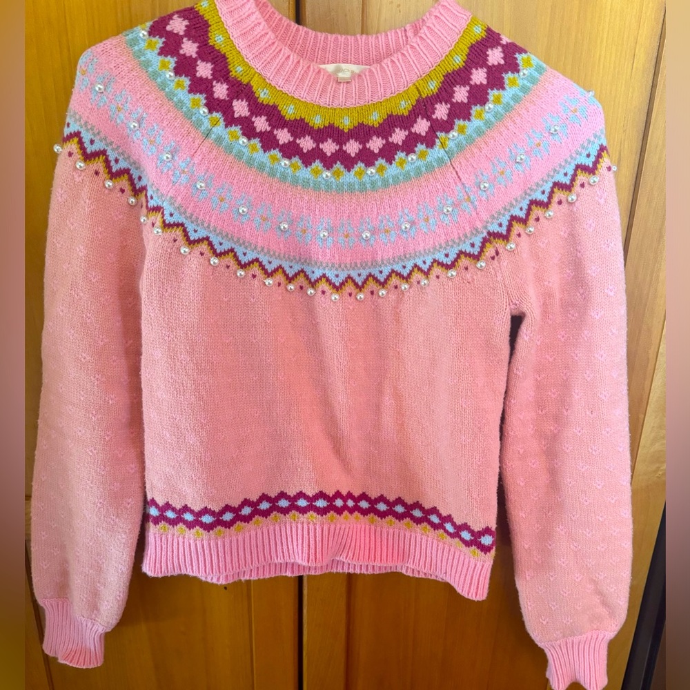 LOVESHACKFANCY Crawley faux pearl-embellished Fair Isle cotton-blend sweater
